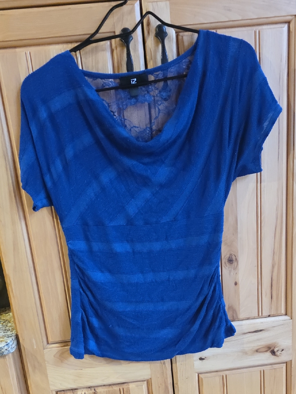 Iz Byer Royal Blue Short Sleeve Cowl Neck Top with Lace Back